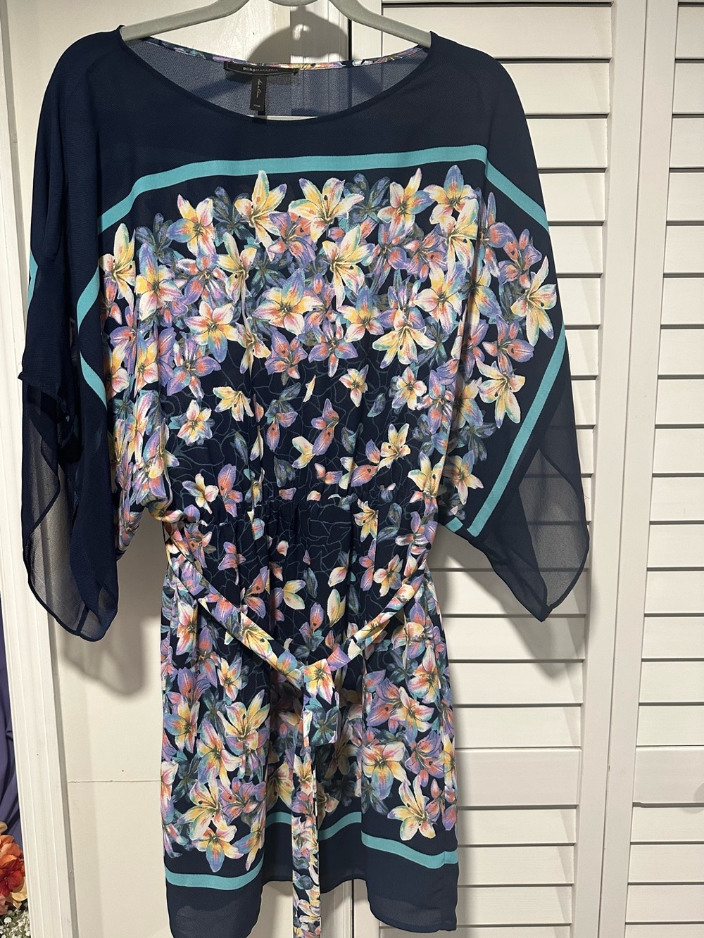 BCBGMAXAZRIA Navy Floral Chiffon Belted Dress XXS
